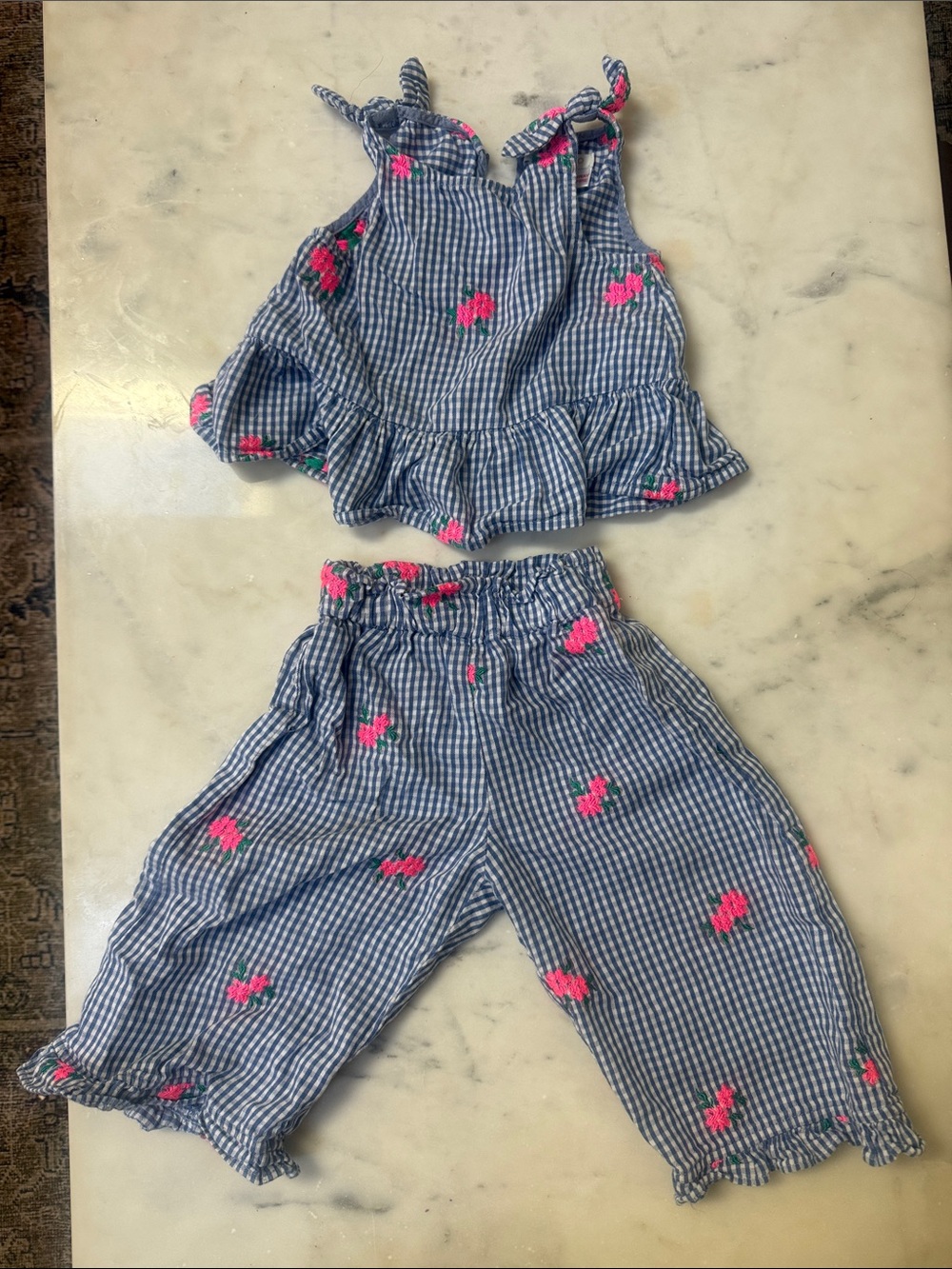 Zara Navy Gingham 2-Piece Set with Hot Pink Floral Embroidery